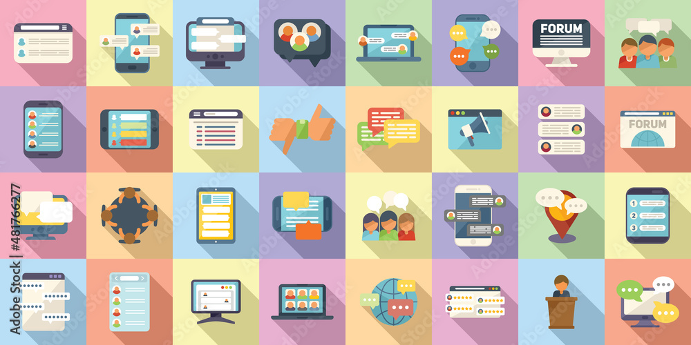 Forum icons set flat vector. Feedback dialog Forum icons set flat vector. Feedback dialog