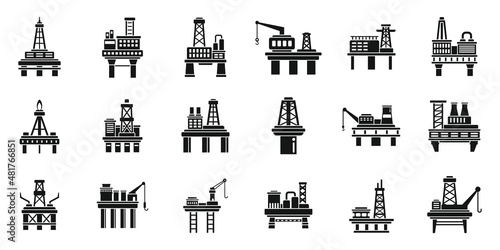 Sea drilling rig icons set simple vector. Oil industry