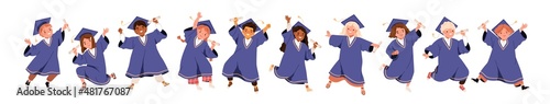 Kids graduating from kindergarten set. Happy elementary school children with diplomas in graduation gowns and caps. Little schoolkids. Flat graphic vector illustration isolated on white background