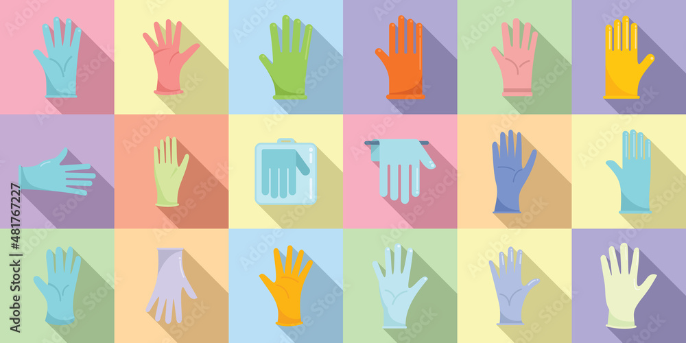 Obraz premium Medical gloves icons set flat vector. Care clinic