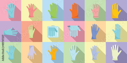 Medical gloves icons set flat vector. Care clinic