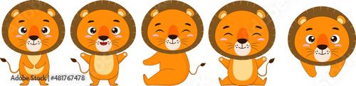 Cute little lion cubs. Set of cartoon lion on a white background. Elements for design or print. Vector illustration.