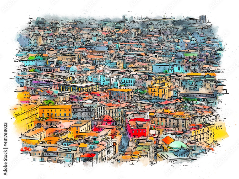 Fototapeta City of Naples in Campania, Italy, watercolor sketch illustration.