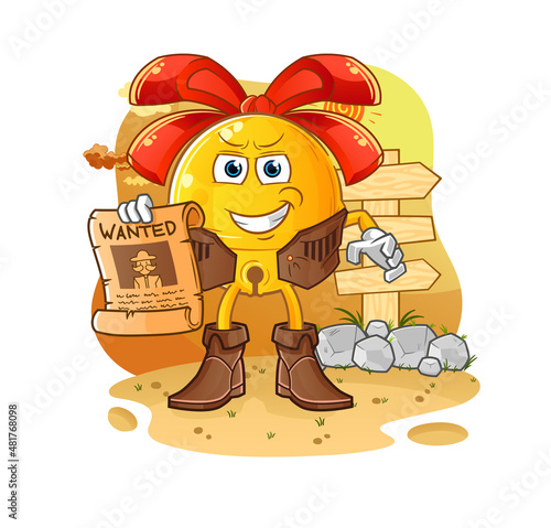 jingle bell cowboy with wanted paper. cartoon mascot vector