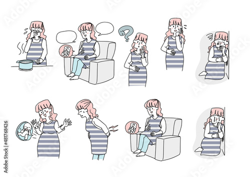 妊娠中の女性に関する様々な問題やシーン　コミカルな手書きの人物　ベクター、線画にシンプルな色つけ　