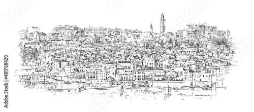 Panoramic view of the old town of Tangier, Morocco, ink sketch illustration, white background.