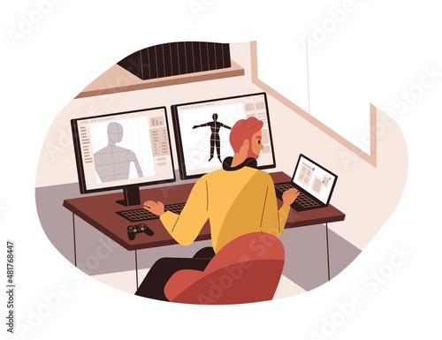 3d artist drawing model with desktop and laptop computers. Digital creator working at desk. Creative person during work process at PC screens. Flat vector illustration isolated on white background
