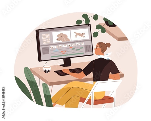 Motion graphic designer work at computer, creating animation design. Digital creator working at desktop screen. Video editor woman at PC desk. Flat vector illustration isolated on white background