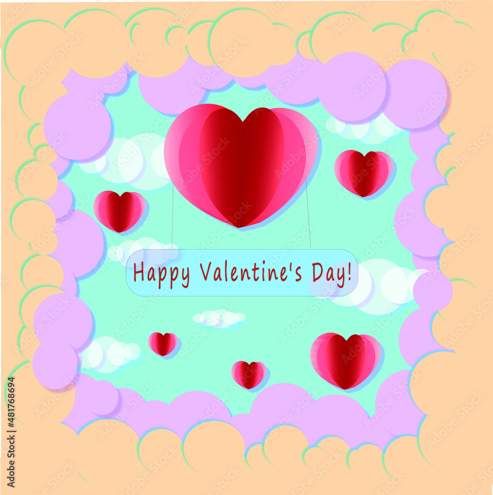 Postcard, poster valentine's day colored, paper cut effect, heart cloud inscription