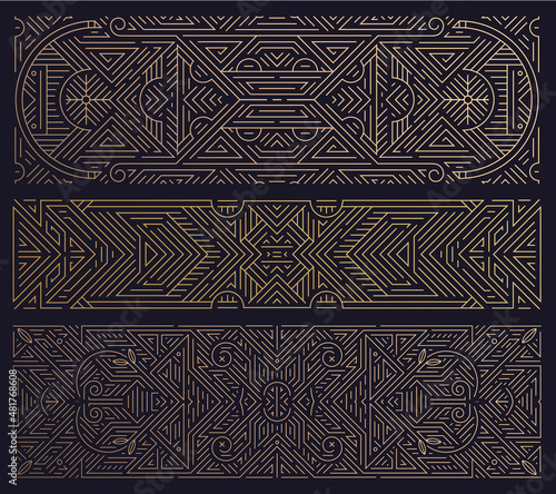 Vector art deco abstract geometric design templates for luxury products. Geometric golden background, banners, elements, dividers. Linear ornament composition. Use for packaging, branding, decoration.