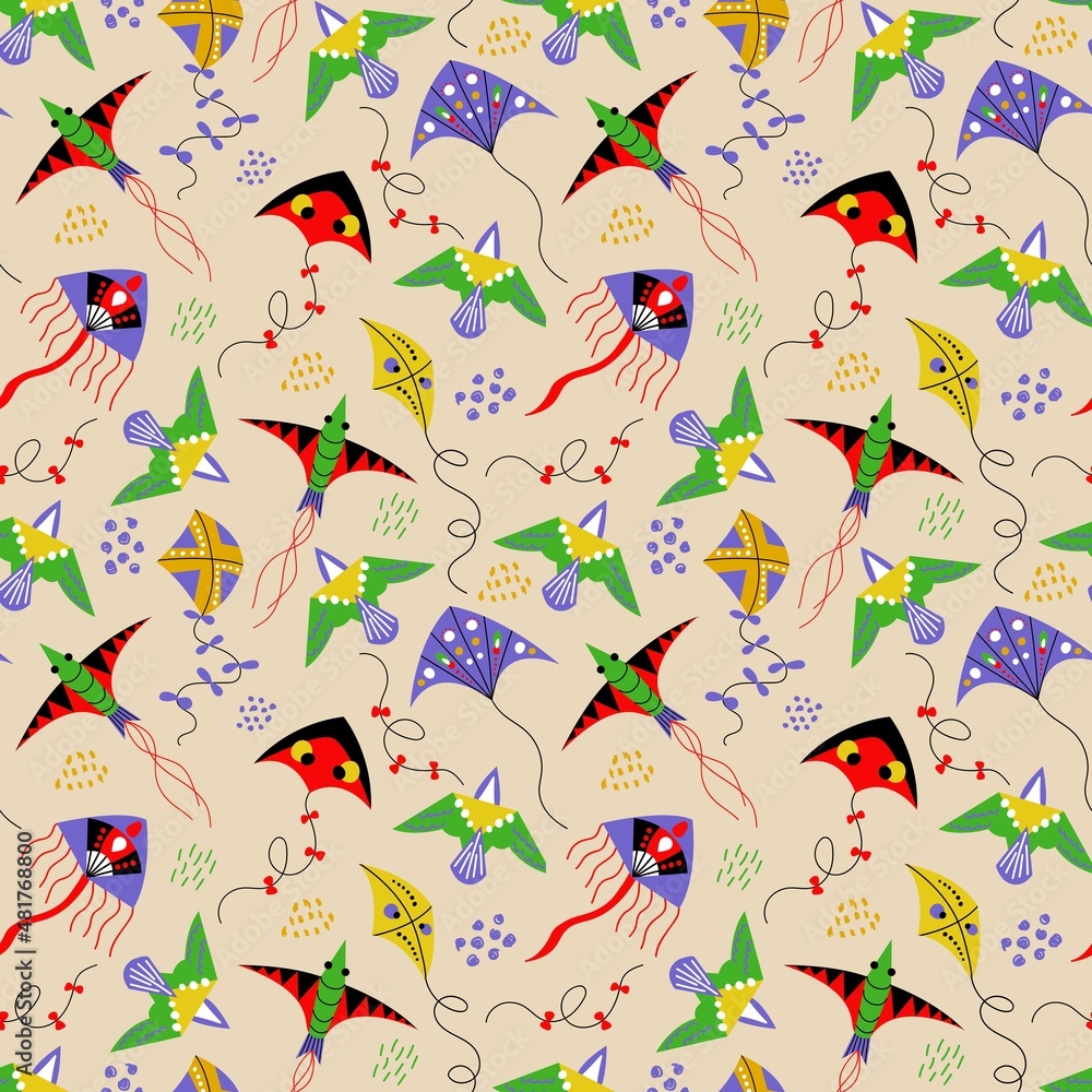 Seamless pattern with kites. Design for fabric, textile, wallpaper, packaging.
Seamless pattern with kites. Design for fabric, textile, wallpaper, packaging.