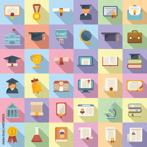 Degree icons set flat vector. Academic bachelor