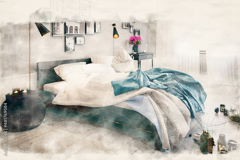 Modern Bedroom Design - Watercolor Painting of an Interior Design Stock ...