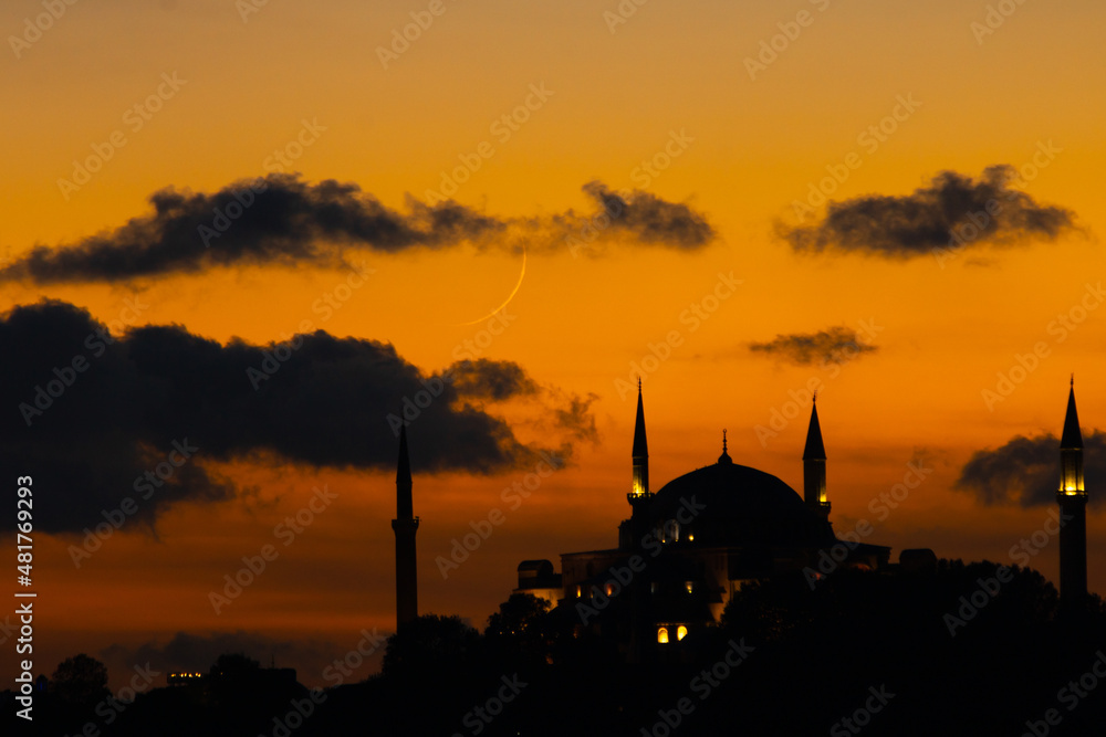 Ramadan background photo. Crescent moon and Hagia Sophia Mosque