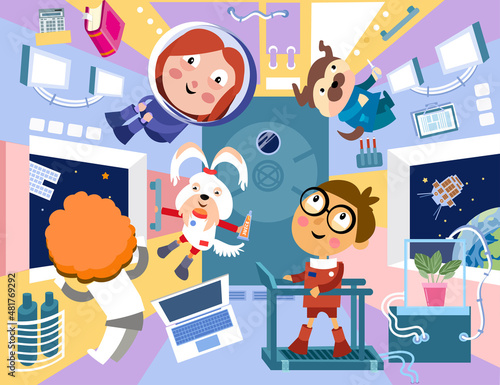 Children astronauts at the space station. Character in cartoon style for design. Vector illustrations, full color.