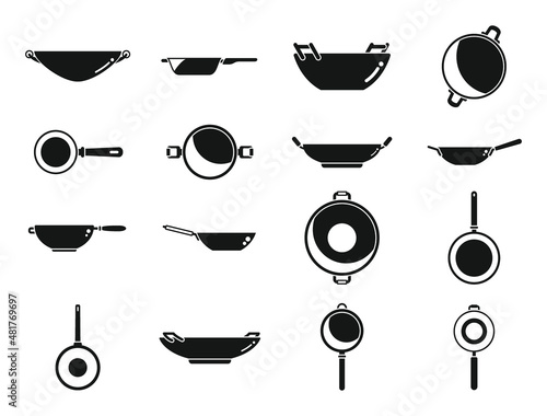 Wok frying pan icons set simple vector. Meat tools