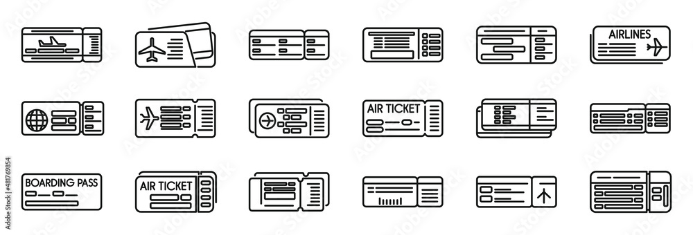 Airline tickets icons set outline vector. Travel trip