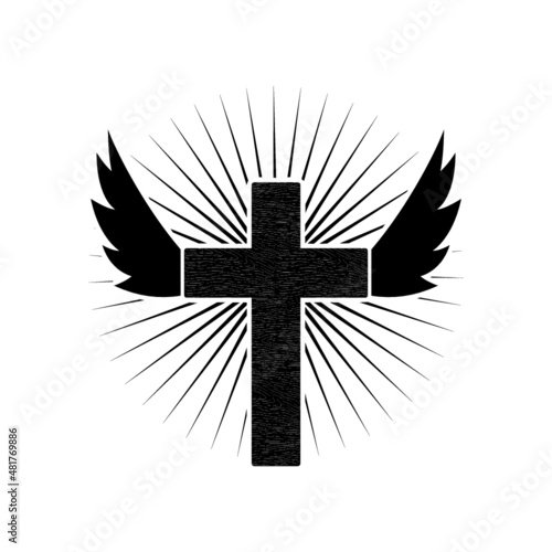 Christian cross with wings icon isolated on white background