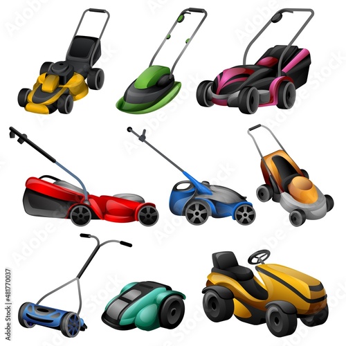 Lawnmower icons set cartoon vector. Roller lawn