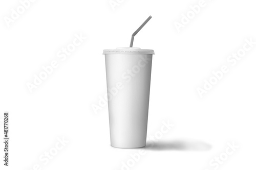 Blank white disposable cup with straw mock up isolated, 3d rendering. Empty paper soda drinking mug mockup with lid and tube front view. Clear soft drink cola take away plastic package.
