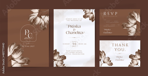 Beautiful brown wedding invitation with watercolor flower ornaments