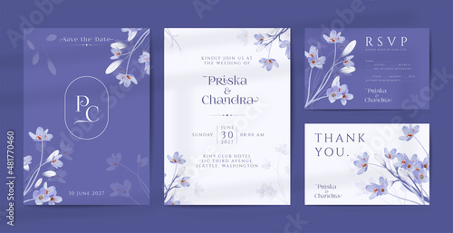 Beautiful very peri purple wedding invitation with watercolor flower ornaments