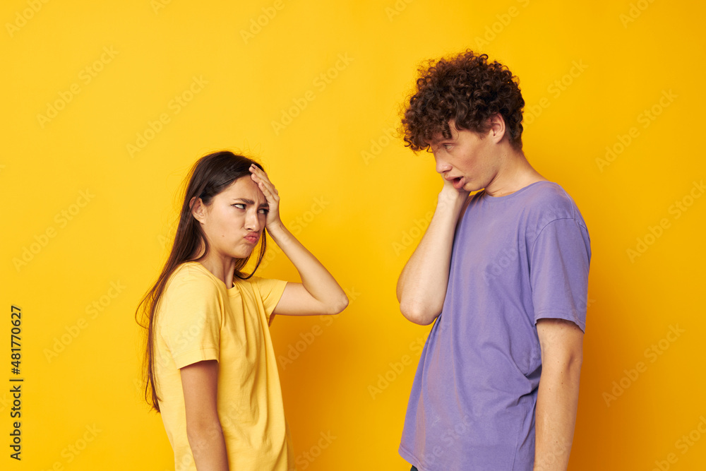 young boy and girl Friendship posing fun studio isolated background unaltered young boy and girl Friendship posing fun studio isolated background unaltered