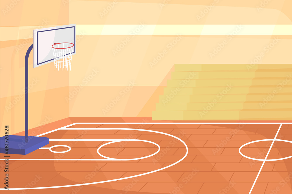 Vecteur Stock School gym flat color vector illustration. Gymnasium with  parquet floor for sports games. Space for exercising. Basketball court 2D  cartoon interior with stadium benches on background | Adobe Stock