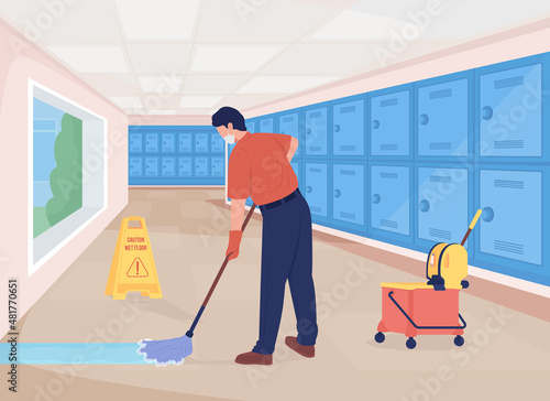 Cleaning school hall flat color vector illustration. Cleaner on sweeping job. Cleansing passageway. Janitor mopping floor 2D cartoon character with lockers row corridor on background