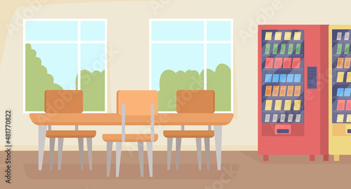 School dining space flat color vector illustration. College cafeteria area. Lunch break space. Hallway with table and vending machines 2D cartoon interior with window on background