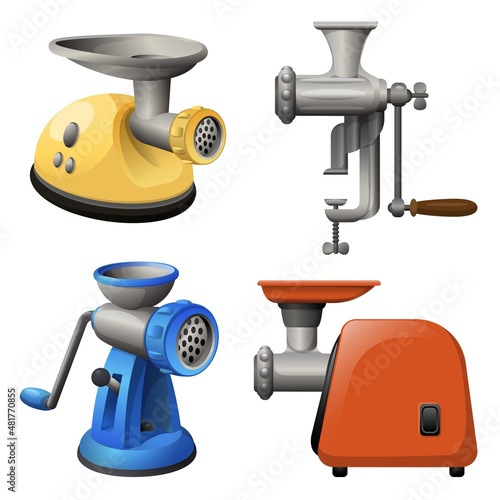 Meat grinder icons set cartoon vector. Mincer machine