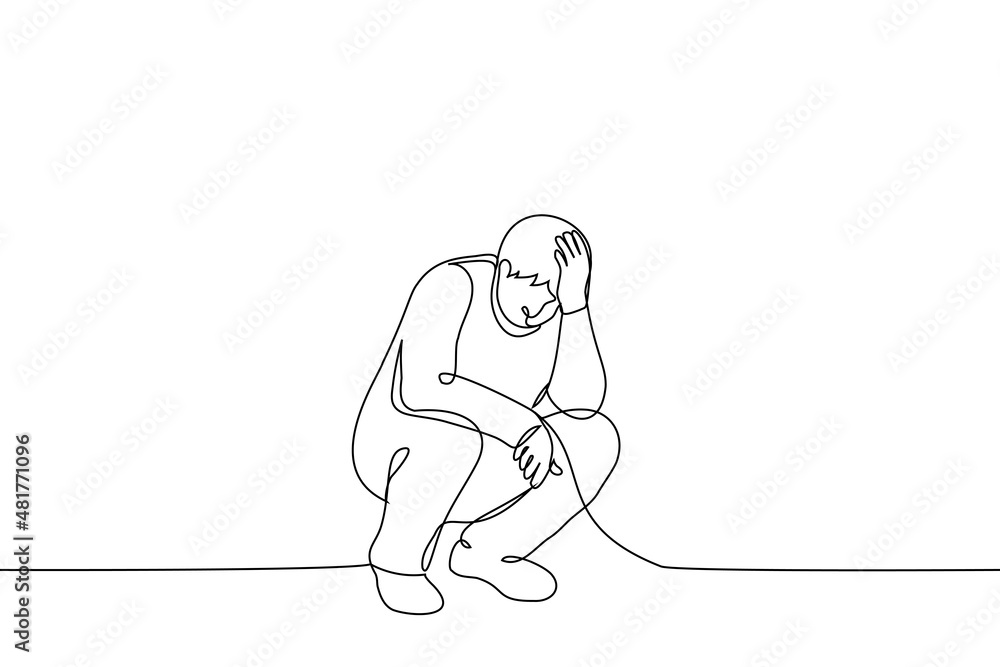 Fototapeta man squatting clutching head - one line drawing vector. concept of despair, suffering, unhappiness, depression