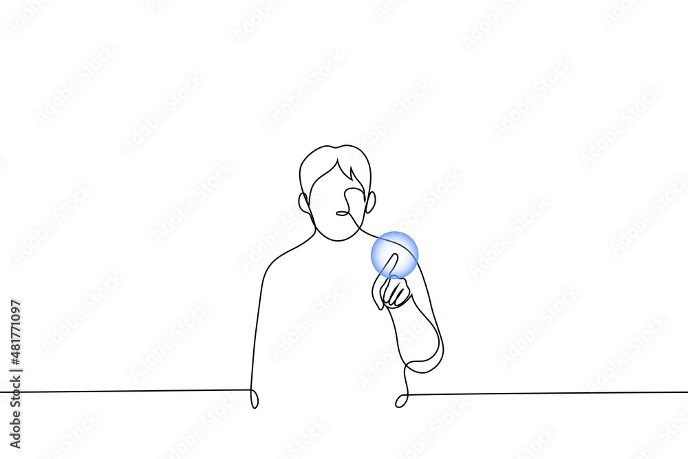man poking finger into bubble - one line drawing vector. entertainment concept with soap bubbles, economic bubble, financial fraudulent schemes