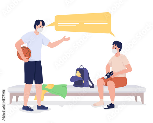 Boys from school sports team semi flat color vector characters. Talking figures. Full body people on white. Gym isolated modern cartoon style illustration for graphic design and animation