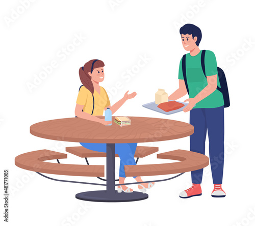 Students meeting for lunch semi flat color vector characters. Friendly figures. Full body people on white. School break isolated modern cartoon style illustration for graphic design and animation