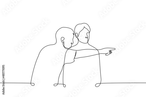 men stand one of them shows finger to side - one line drawing vector. concept of showing way, guiding someone, drawing someone's attention to specific details