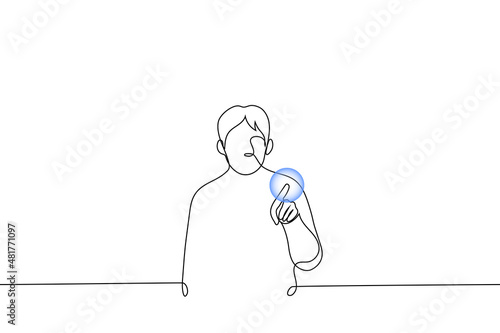 man poking finger into bubble - one line drawing vector. entertainment concept with soap bubbles, economic bubble, financial fraudulent schemes