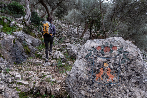 polychrome Sóller heraldic shield carved on a rock, Camí dels Alous, Soller, Mallorca, Balearic Islands, Spain