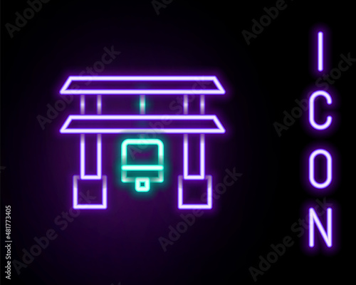 Glowing neon line Japan Gate icon isolated on black background. Torii gate sign. Japanese traditional classic gate symbol. Colorful outline concept. Vector