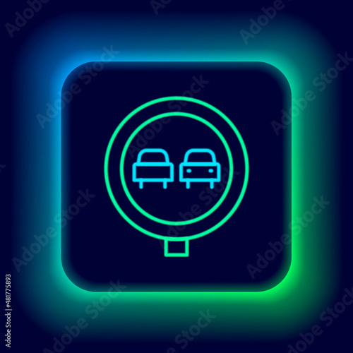 Glowing neon line No overtaking road traffic icon isolated on black background. Traffic rules and safe driving. Colorful outline concept. Vector