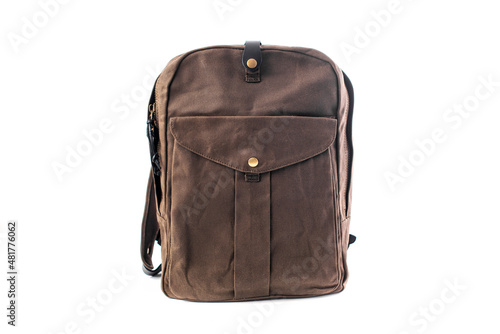 Canvas Backpack accessories isolated on white background. Hand made backpack for travelers.
