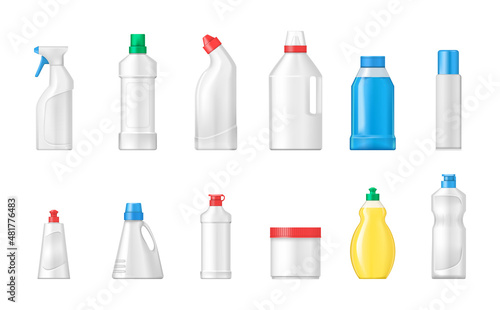 House cleaning plastic products realistic mockup set isolated.
