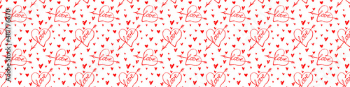 Vector seamless pattern of red hearts with an arrow and lettering love. Hand drawn texture, background for wrapping paper, greeting card, Valentine's day, wedding, declaration of love