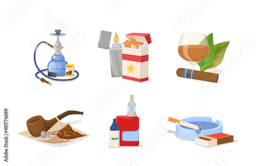 Smoking tobacco, bad habits set. Tobacco hookah, vape with smoke steam.