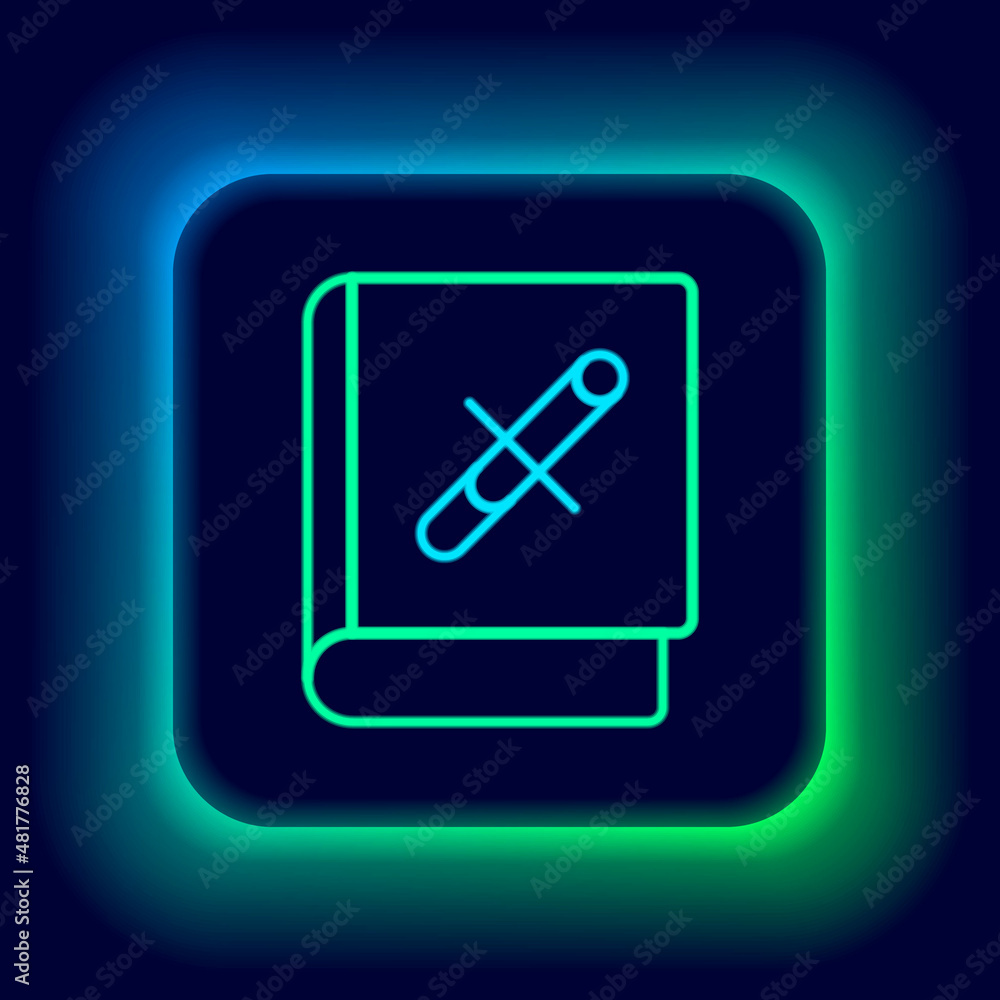 Glowing neon line Book with stop cigarette icon isolated on black background. Book about the dangers of smoking. Colorful outline concept. Vector Glowing neon line Book with stop cigarette icon isolated on black background. Book about the dangers of smoking. Colorful outline concept. Vector