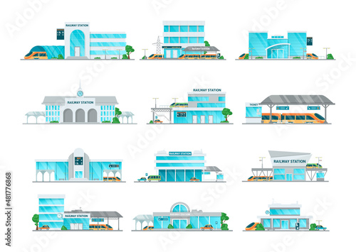 Railway station building cartoon set vector illustration © Idey