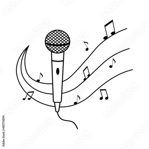 Microphone icon and notes outline illustration. Classic mic in simple style isolated on white background. Music or singer symbol