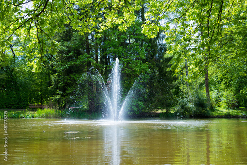 Lake with fountain at spa garden Bad Aibling, view through green branches