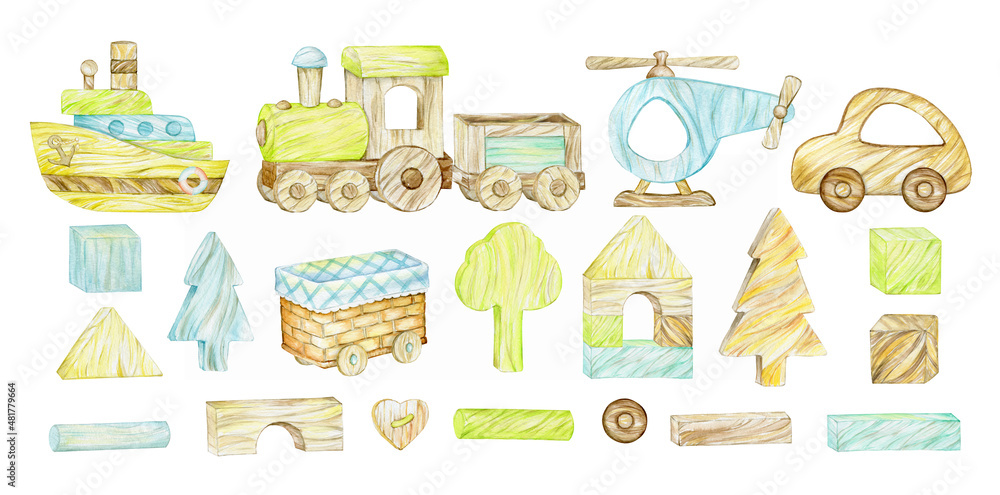 boat, train, helicopter, car, trees, cubes, boxing. Wooden toys, painted in watercolor, in cartoon style, on an isolated background.