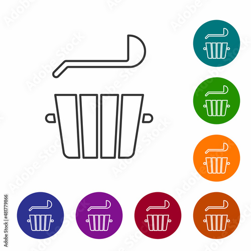 Black line Sauna bucket and ladle icon isolated on white background. Set icons in color circle buttons. Vector